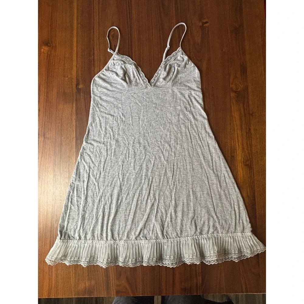 Lace Trim Victoria's Secret Angels Nightgown Ruffle Hem Chemise S Grey Vintage